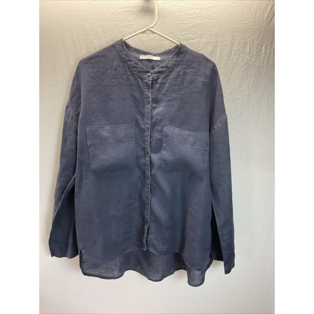 Stateside unisex USA made Linen Navy Blue button down size M long sleeve